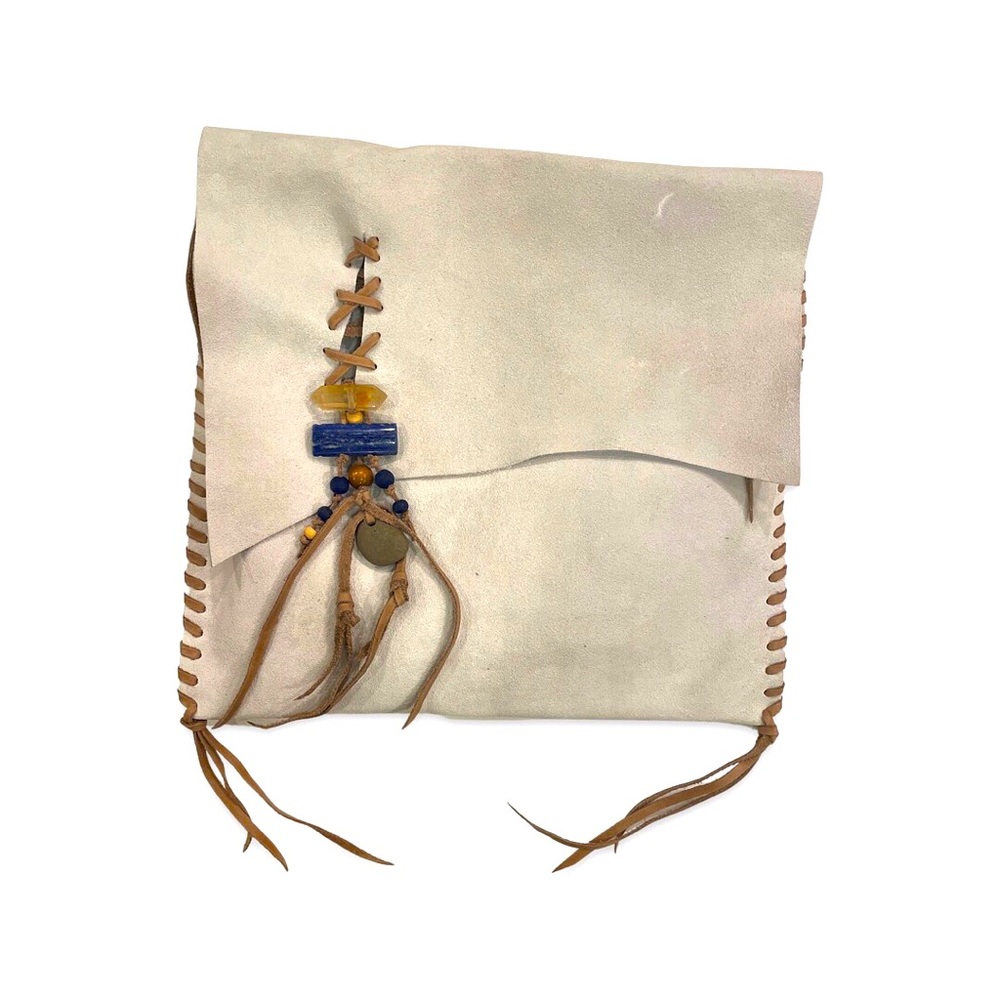 Bespoke Boho Suede Leather Handbag Handmade with Lapis Lazuli and Quartz Crystal